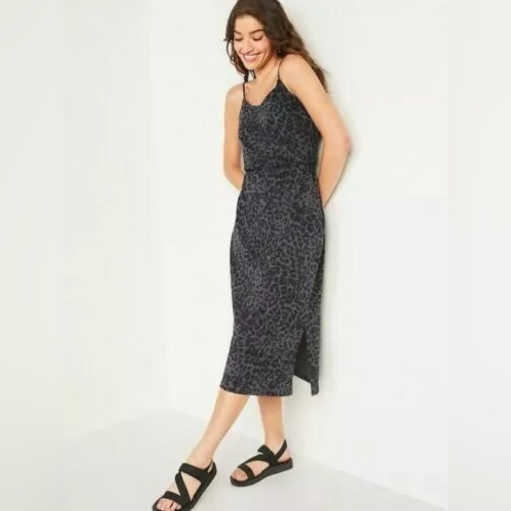 Waist-Defined Leopard-Print Slub-Knit Midi Cami Dress